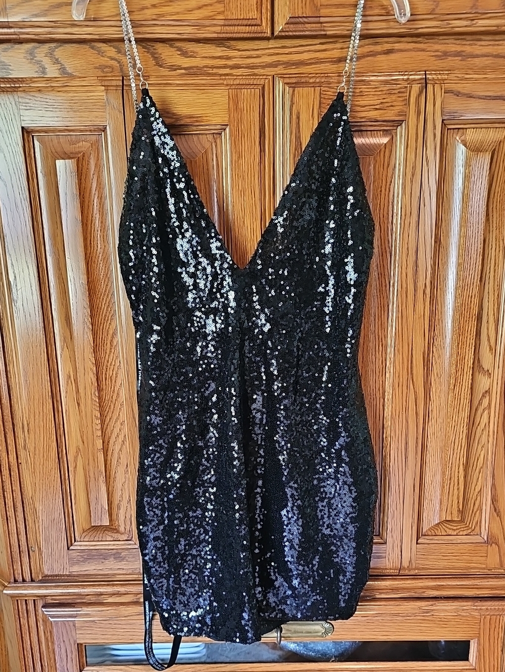 Pretty Little Thing Black Sequin V-Neck Slip Dress with Chain Straps
